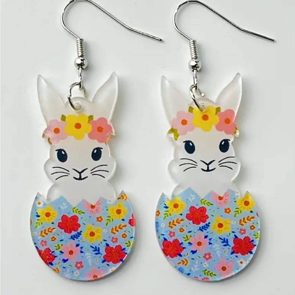 Floral Egg Bunny Dangle Earrings